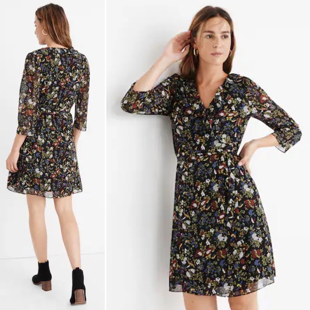 Madewell Sheer-Sleeve Ruffled Wrap Dress in Finch Floral XS‎